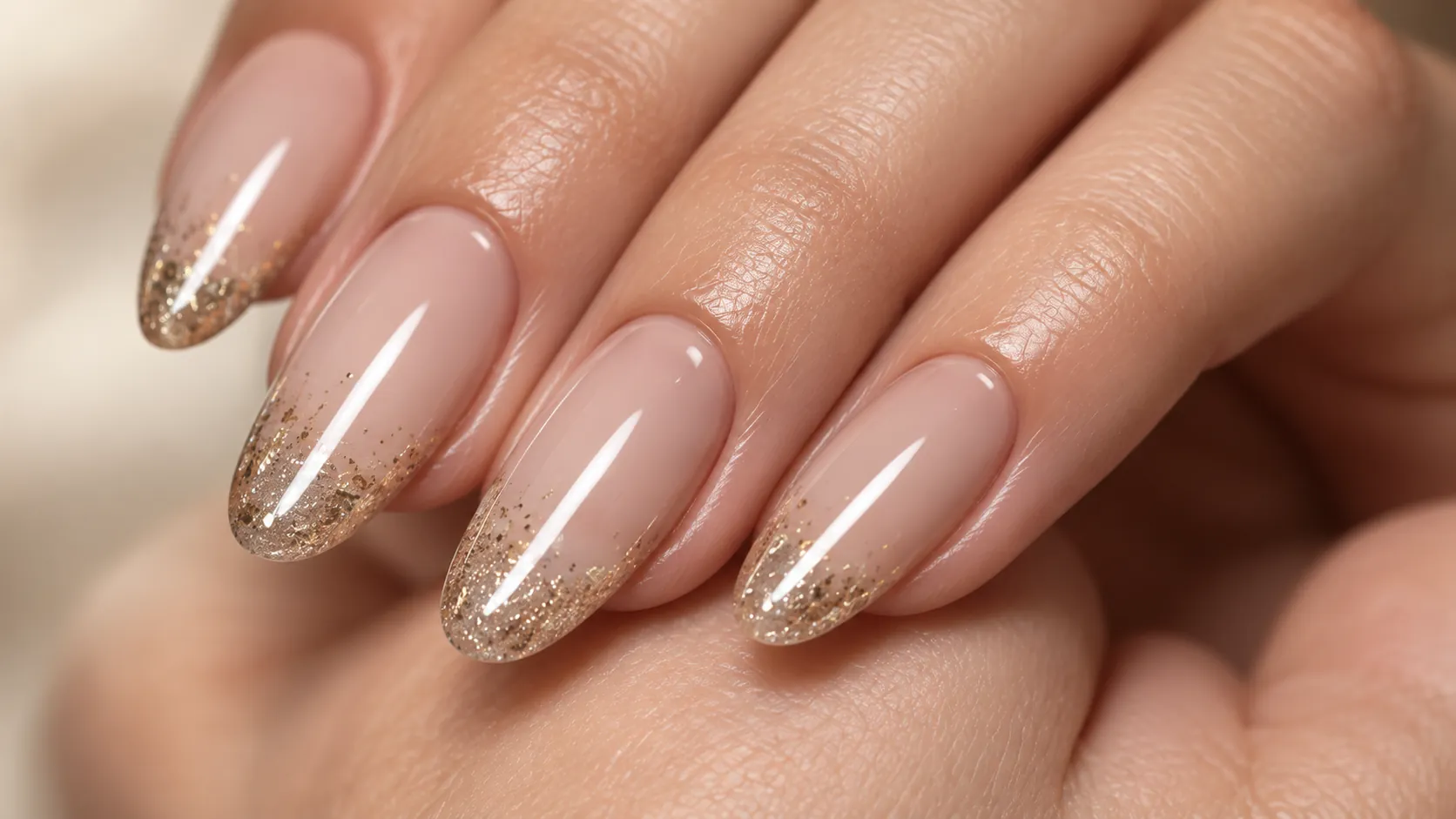 Manicure en tonos naturales con detalles dorados